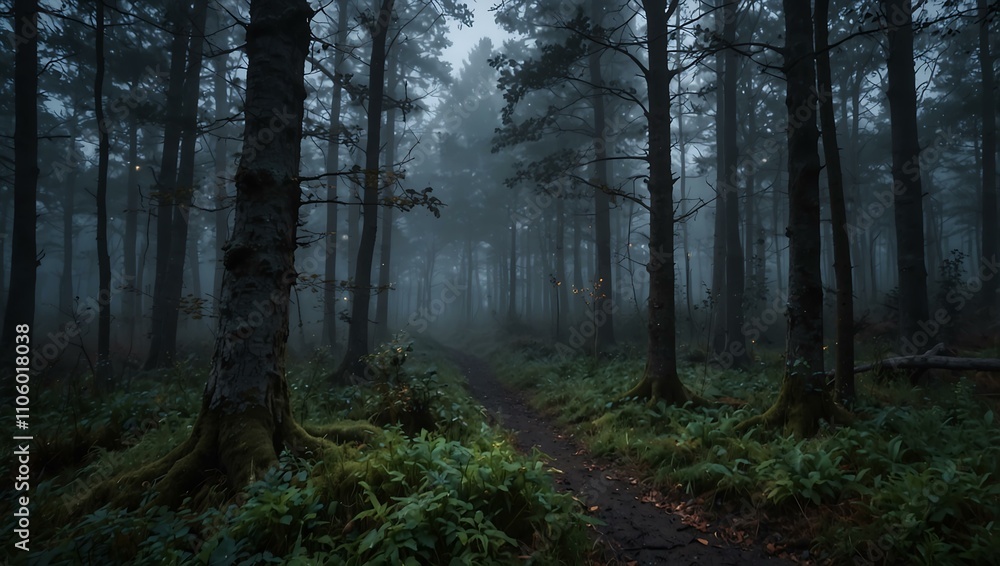 Fototapeta premium Enchanted, mystical foggy twilight scene in the forest.