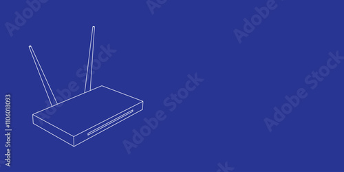 The outline of a large router symbol made of white lines on the left. 3D view of the object in perspective. Vector illustration on indigo background