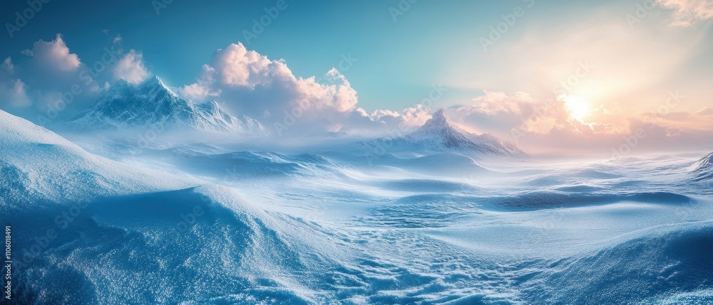 Majestic snow-capped mountains rise above a sea of clouds at sunrise with vibrant colors lighting the sky Majestic snow-capped mountains rise above a sea of clouds at sunrise with vibrant colors lighting the sky