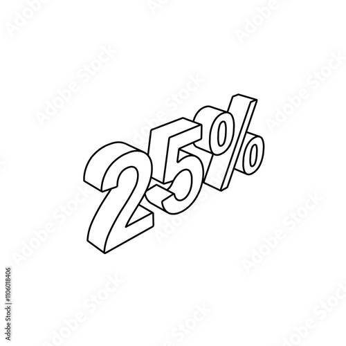 The outline of a large 25 percent symbol is made with black lines. 3D view of the object in perspective. Vector illustration on white background