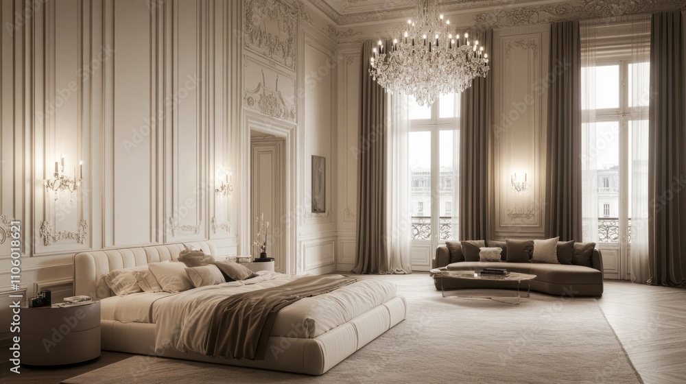 Fototapeta premium Luxurious bedroom with large bed, sofa, and chandelier.