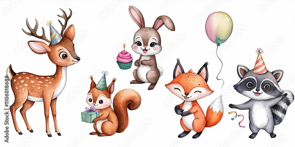 Naklejka premium Watercolor painting of a woodland gathering of animals in a magical forest, blending whimsical and vibrant elements for a stunning nature scene.