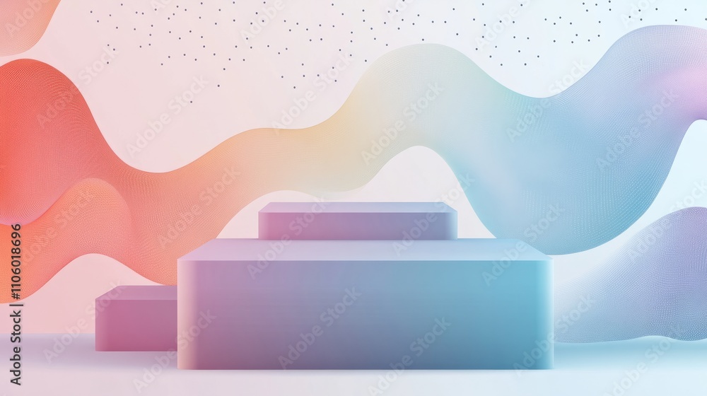 A rectangular podium with soft pastel gradient backgrounds, featuring abstract wavy forms and dots A rectangular podium with soft pastel gradient backgrounds, featuring abstract wavy forms and dots