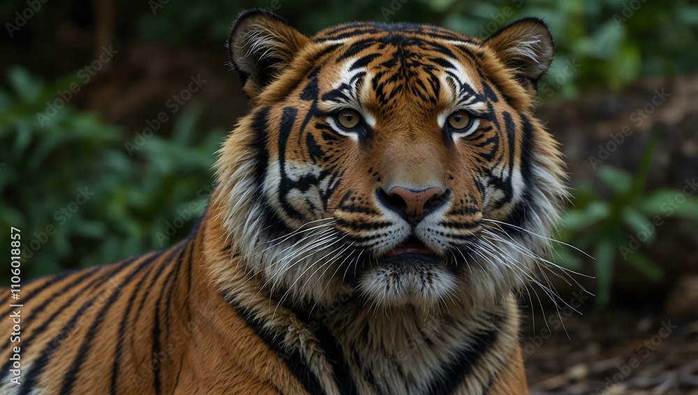 Endangered sumatran tiger, showcasing its fur and gaze.