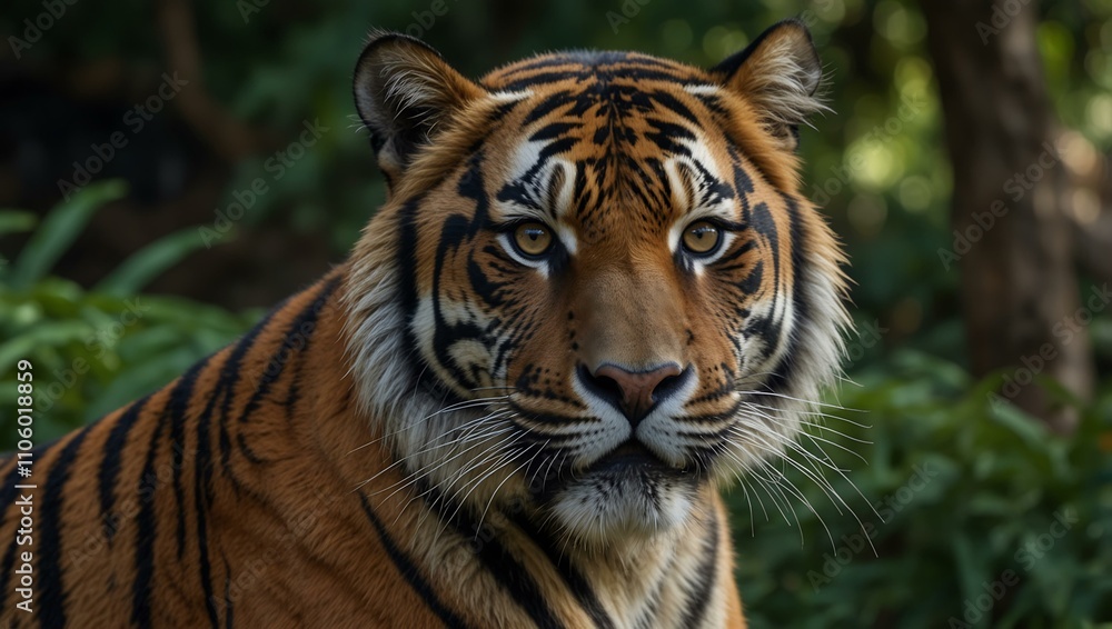 Endangered sumatran tiger, showcasing its fur and gaze. Endangered sumatran tiger, showcasing its fur and gaze.