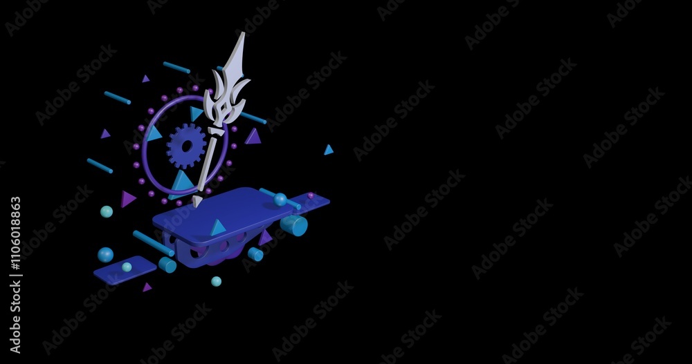 White mystical Spear symbol on a pedestal of abstract geometric shapes floating in the air. Abstract concept art with flying shapes on the left. 3d illustration on black background White mystical Spear symbol on a pedestal of abstract geometric shapes floating in the air. Abstract concept art with flying shapes on the left. 3d illustration on black background