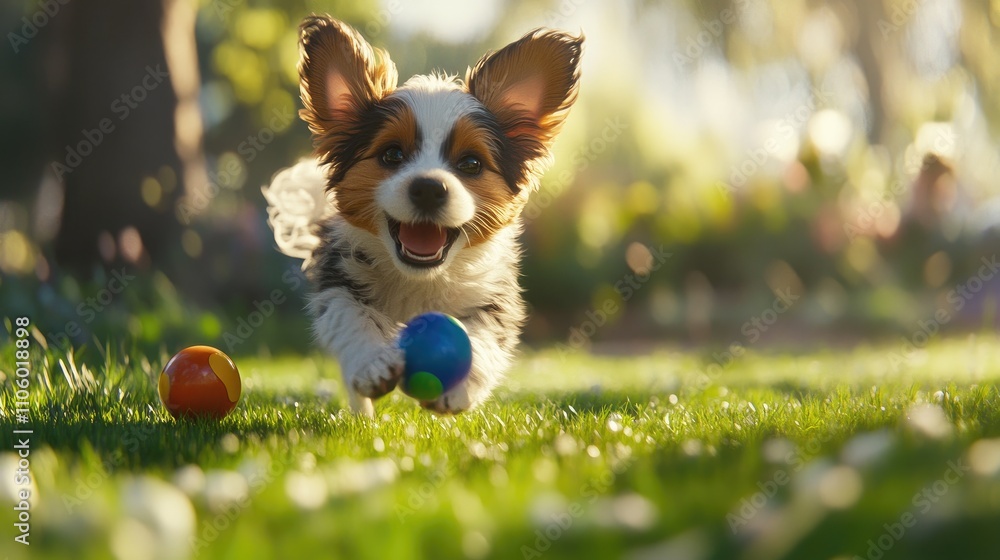 A playful puppy frolicking in a sunny park, chasing after a colorful ball, with its ears flopping in the wind, capturing the essence of joy and innocence A playful puppy frolicking in a sunny park, chasing after a colorful ball, with its ears flopping in the wind, capturing the essence of joy and innocence