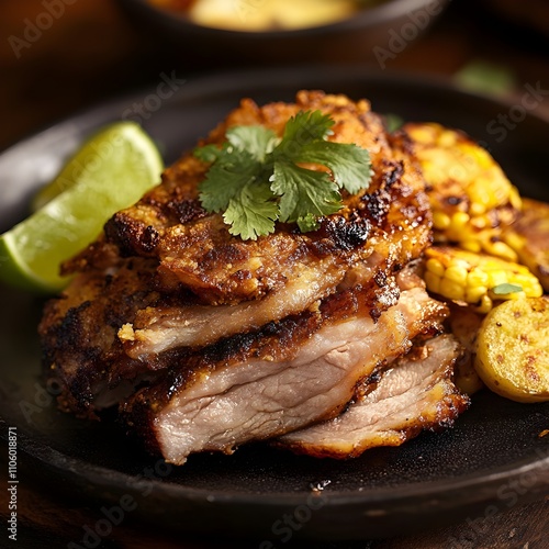 ECUADORIAN HORNADO featuring slow-roasted pork with crispy skin served alongside mote (hominy corn) and llapingacho (potato pancakes). photo