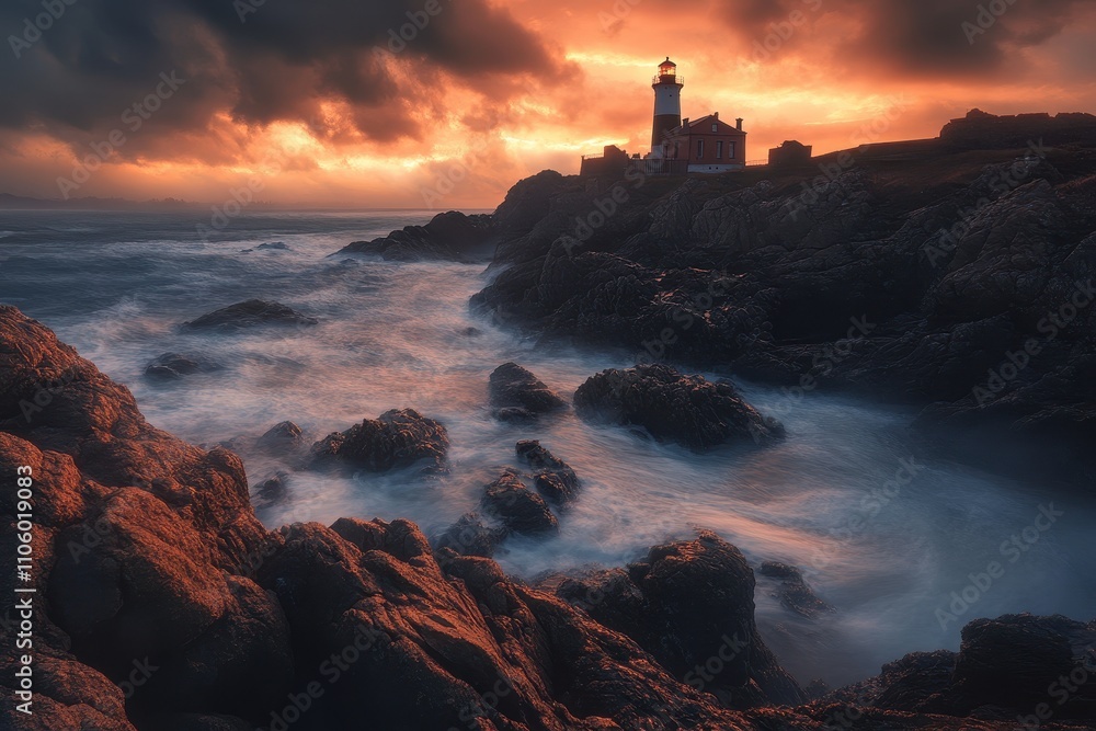 Picturesque Lighthouse on a Rocky Cliff During a Stormy Sunset with Dramatic Sky and Ocean Waves Crashing Below Picturesque Lighthouse on a Rocky Cliff During a Stormy Sunset with Dramatic Sky and Ocean Waves Crashing Below