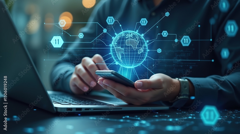 Person Using Laptop and Smartphone for Global Connectivity Person Using Laptop and Smartphone for Global Connectivity