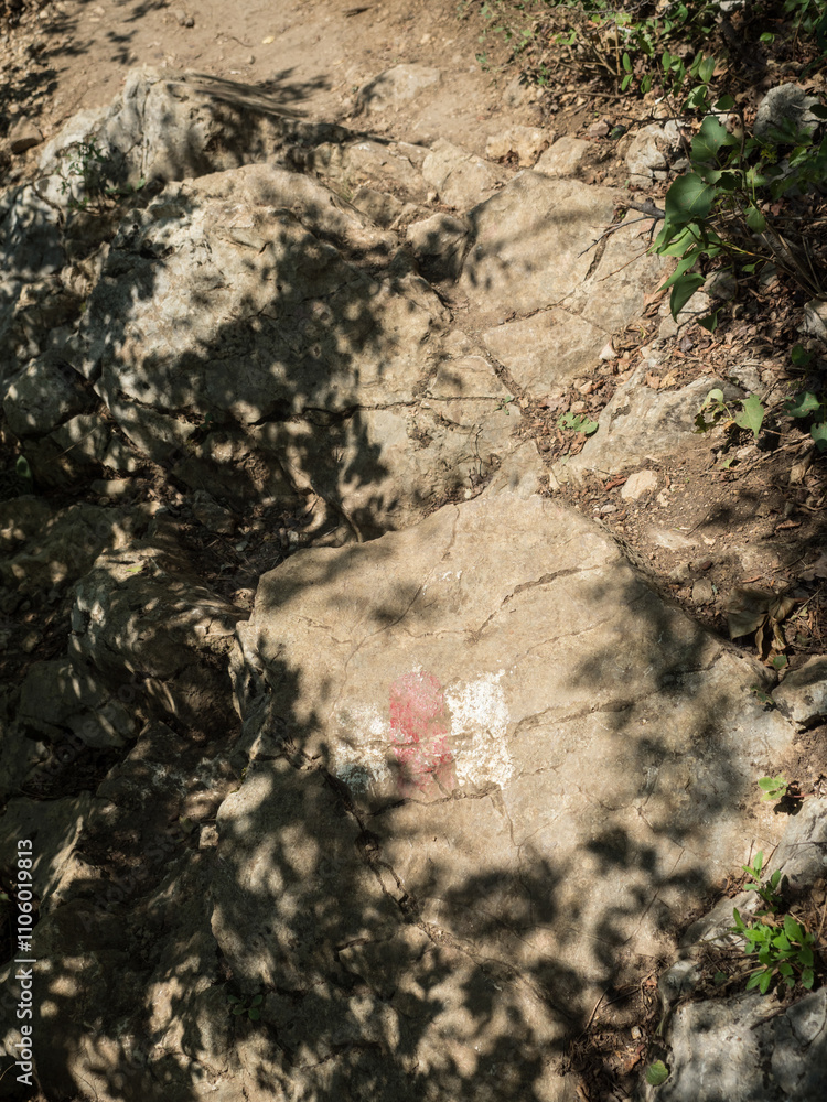 Naklejka premium Hiking trail mark on Cheile Nerei National Park, Caraş-Severin County, Romania