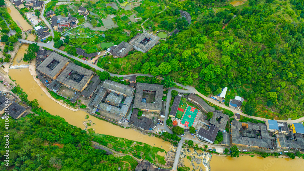 Aerial photography of Hongkeng Tulou in Fujian Aerial photography of Hongkeng Tulou in Fujian