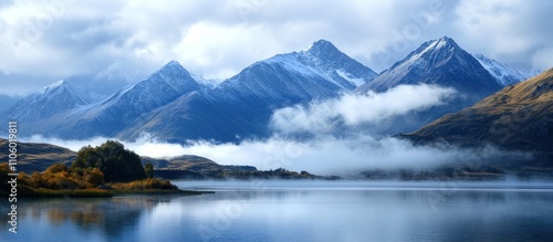 Misty morning with snow-capped mountain peaks and a calm lake.