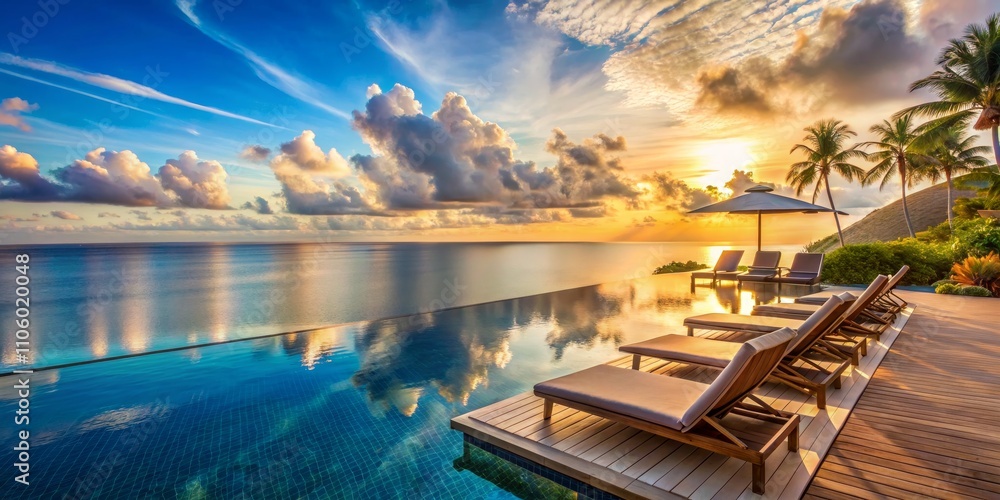 Fototapeta premium Sunset Paradise Infinity Pool, Tropical Vista, Tranquil Composition