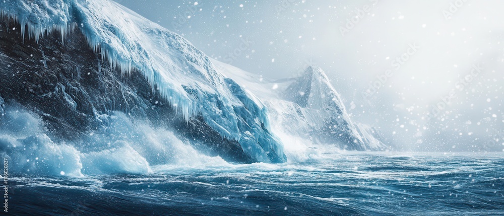 Fototapeta premium Stormy ocean waves crash majestically against rugged peaks in a dark atmosphere during early morning hours