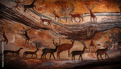 Prehistoric cave paintings show a herd of deer and other animals depicted in rusty earth tones across a curved rock wall surface. photo