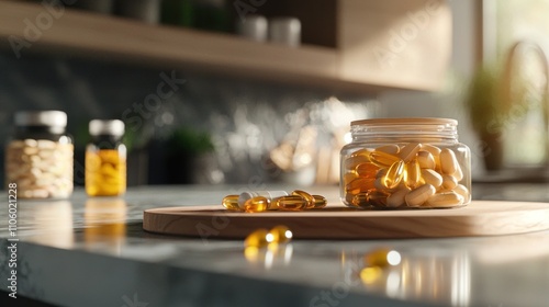 A close-up of essential vitamins and supplements on a kitchen counter, promoting health and wellness