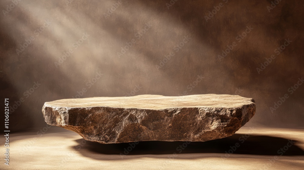 A rustic stone podium with jagged, natural edges, illuminated softly under natural light, on a warm brown background A rustic stone podium with jagged, natural edges, illuminated softly under natural light, on a warm brown background
