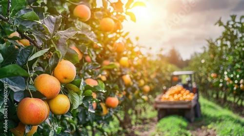 Automated Fruit Picking Machinery Operating in an Orchard During Sunset, Showcasing a Bountiful Harvest and Advanced Agricultural Technology photo