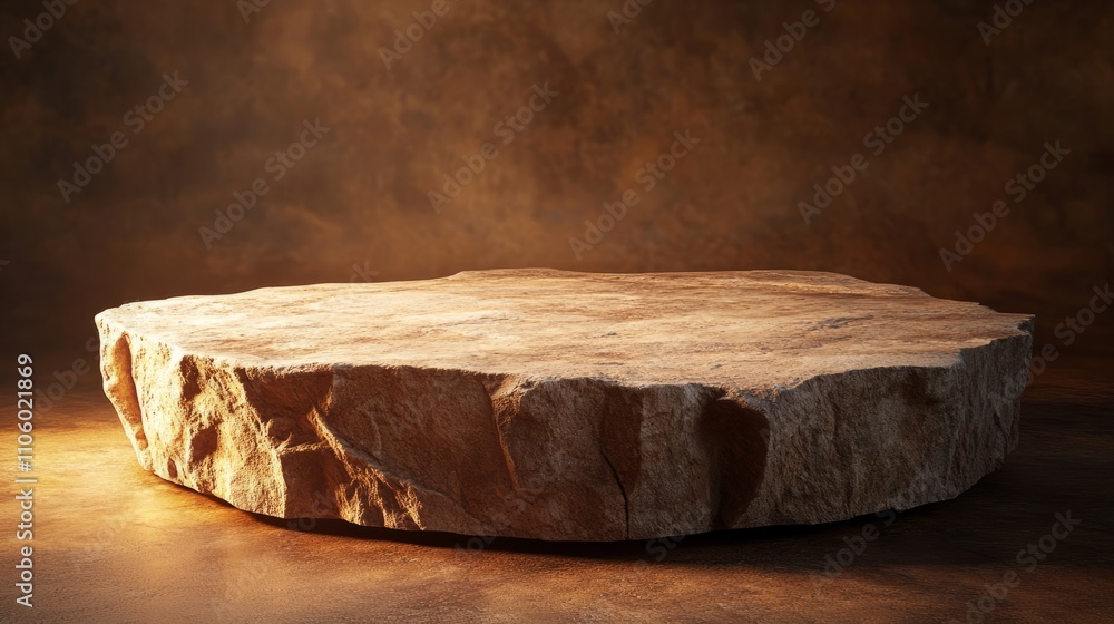 A rustic stone podium with jagged, natural edges, illuminated softly under natural light, on a warm brown background A rustic stone podium with jagged, natural edges, illuminated softly under natural light, on a warm brown background