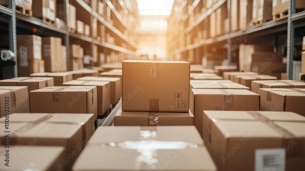 Industrial Warehouse with Cardboard Boxes Neatly Stacked, Showcasing Automated Packaging Machinery and Filling Processes in Action Industrial Warehouse with Cardboard Boxes Neatly Stacked, Showcasing Automated Packaging Machinery and Filling Processes in Action