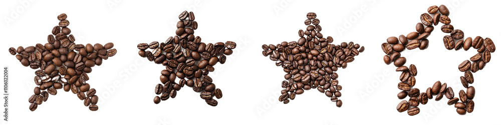 Coffee beans arranged in star shapes create unique and creative display, showcasing beauty of coffee in artistic form. This arrangement highlights rich texture and color of beans Coffee beans arranged in star shapes create unique and creative display, showcasing beauty of coffee in artistic form. This arrangement highlights rich texture and color of beans
