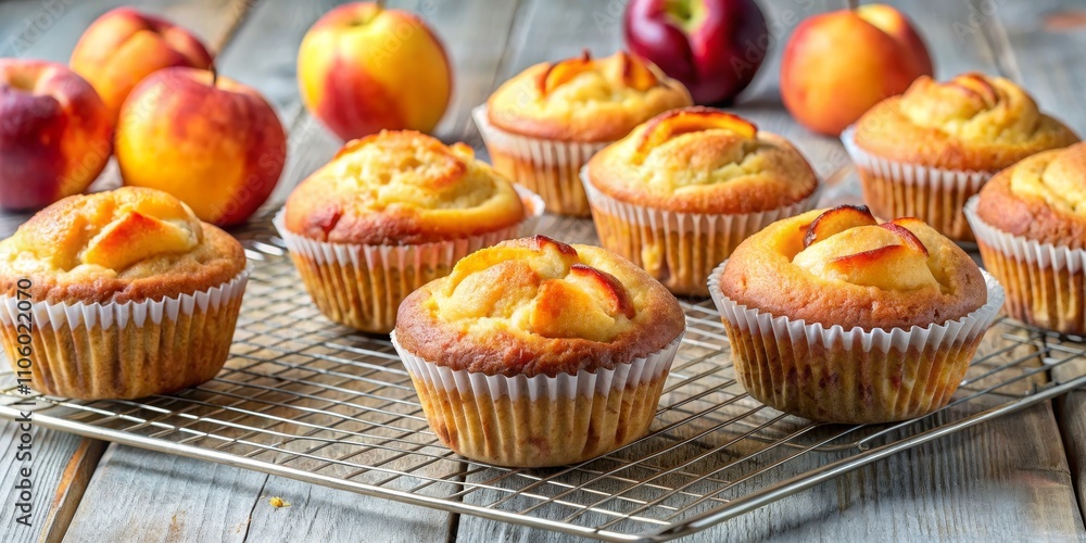 Peach Muffins Golden-Brown Delight on Cooling Rack Peach Muffins Golden-Brown Delight on Cooling Rack