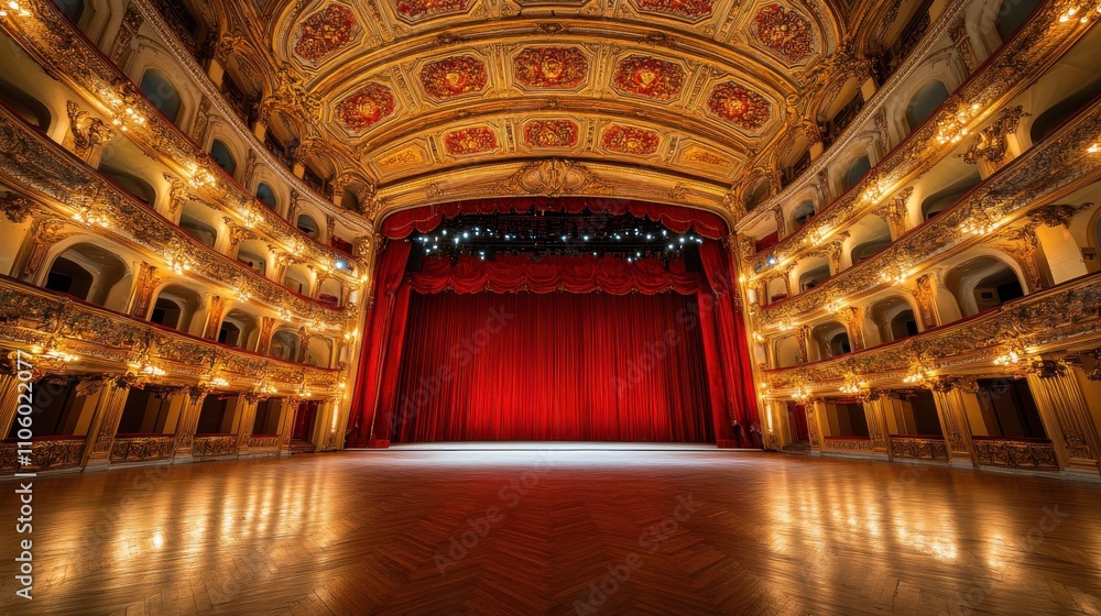 Obraz premium Ornate Gold Theater Stage, Red Curtains, Grand Auditorium