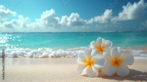 A serene beach scene featuring white flowers on soft sand with turquoise waves in the background.