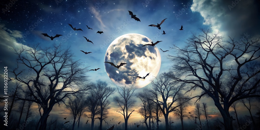 Nightfall Bats, Moonlit Forest, Halloween Composition Nightfall Bats, Moonlit Forest, Halloween Composition