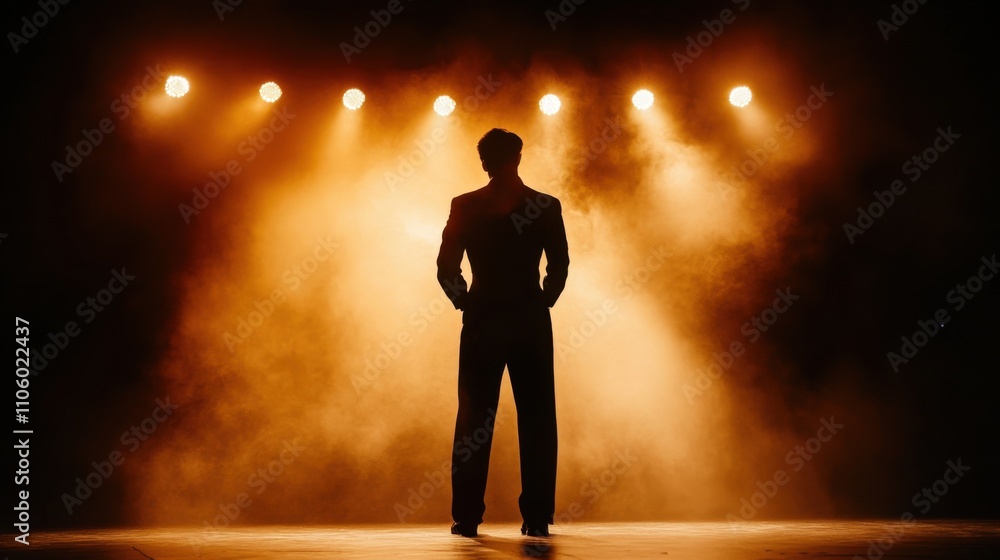 Fototapeta premium Silhouette Stage Performance Man, Spotlight, Smoke, Dramatic, Solo, Backlit, Mysterious, Theater, Or