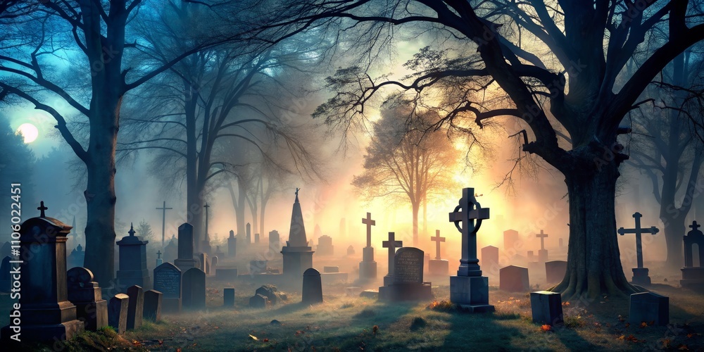 Misty Dawn Cemetery Gothic Graveyard Composition, Crosses and Tombstones, Eerie Sunrise Misty Dawn Cemetery Gothic Graveyard Composition, Crosses and Tombstones, Eerie Sunrise