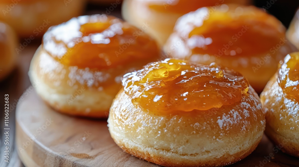 Freshly Baked Bagels Topped with Thick Apricot Jam Spread on a Wooden Surface, Perfect for Breakfast or Snack Time Delight Freshly Baked Bagels Topped with Thick Apricot Jam Spread on a Wooden Surface, Perfect for Breakfast or Snack Time Delight