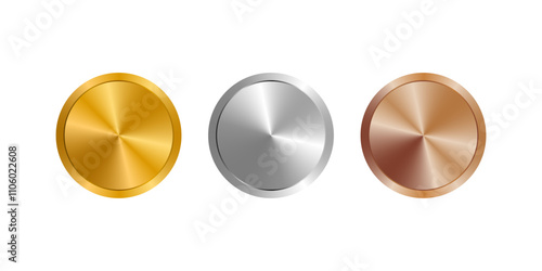 Award golden, silver and bronze medals. First, second and third place medals, coins or buttons isolated on white background. 3d vector realistic illustration