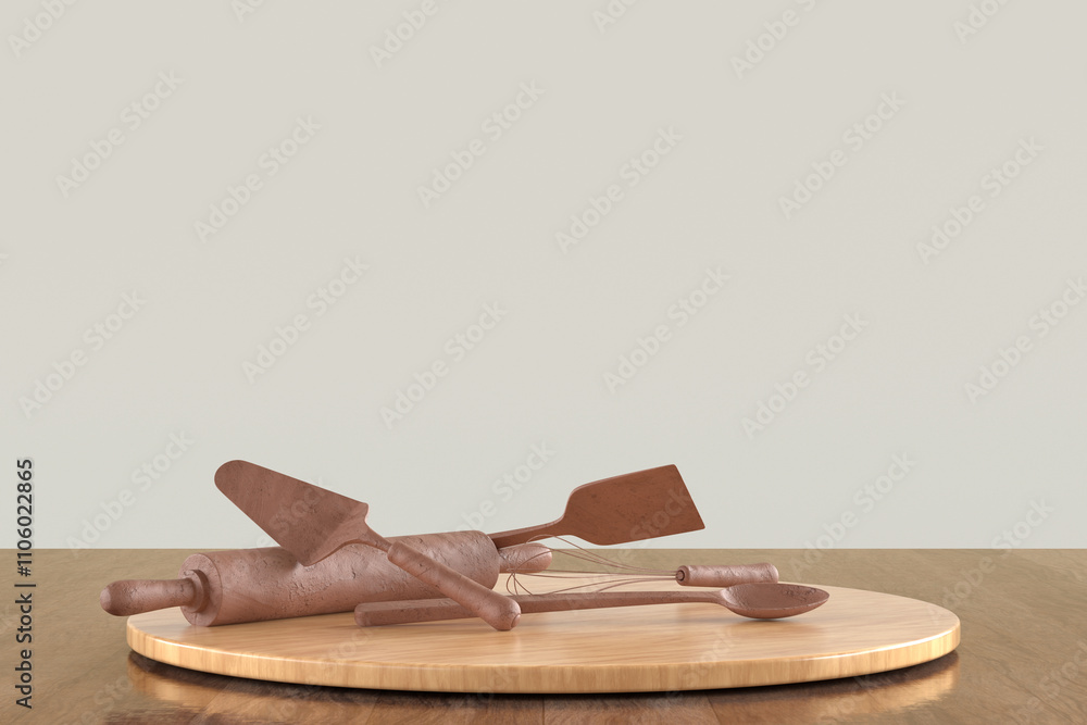A wooden table with a wooden round plate with a few utensils on it A wooden table with a wooden round plate with a few utensils on it