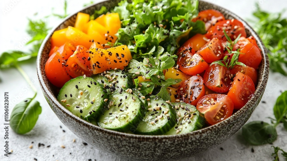 fresh salad bowl features variety colorful vegetables including leafy greens cherry tomatoes cucumbers and bell peppers. dish artfully arranged and drizzled vinaigrette. fresh salad bowl features variety colorful vegetables including leafy greens cherry tomatoes cucumbers and bell peppers. dish artfully arranged and drizzled vinaigrette.