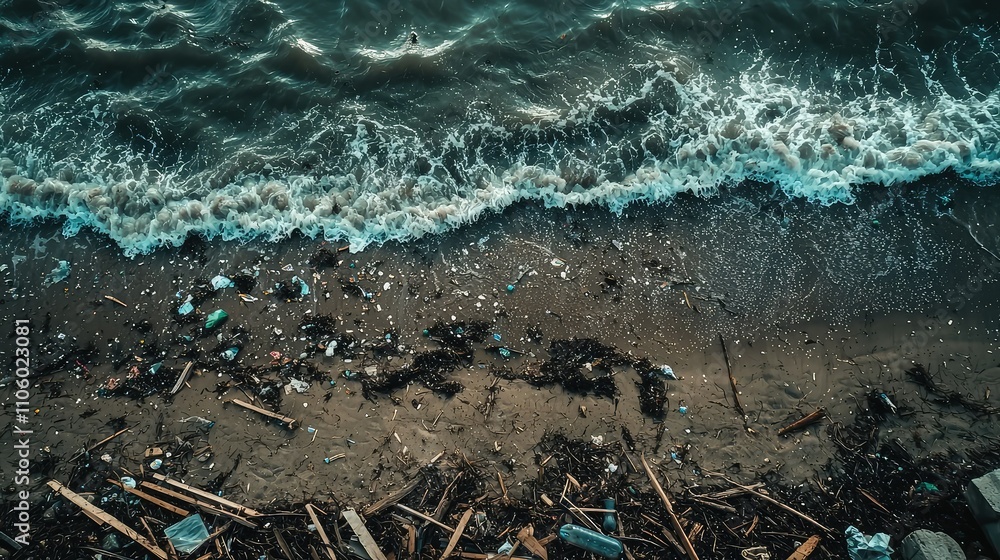 Beach Covered with Plastic and Wood Debris Washed Up by Ocean Waves, Capturing the Impact of Pollution on Coastal Environments and Marine Life Beach Covered with Plastic and Wood Debris Washed Up by Ocean Waves, Capturing the Impact of Pollution on Coastal Environments and Marine Life