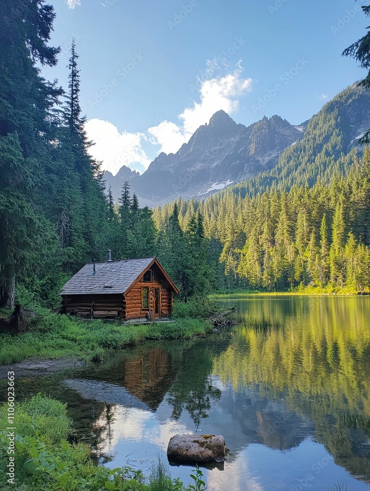 Cabin by a lake with mountains in the background. Cabin by a lake with mountains in the background.