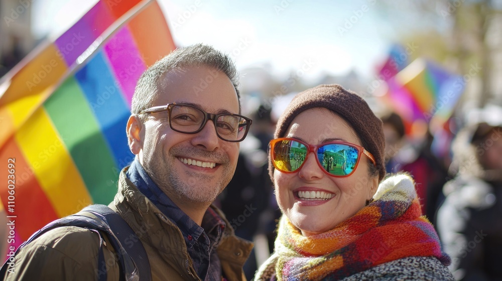 A couple attending a rally for marriage equality, supporting the cause and advocating for equal rights A couple attending a rally for marriage equality, supporting the cause and advocating for equal rights