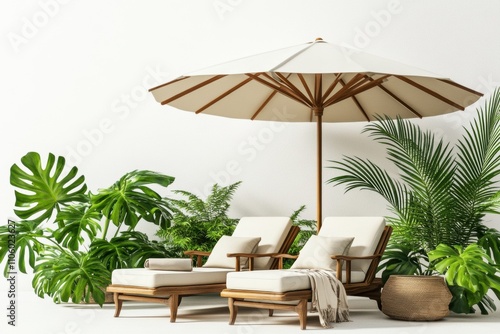 poolside oasis, a modern poolside oasis featuring chic deck chairs, a large parasol, and lush green tropical plants in a creative outdoor design