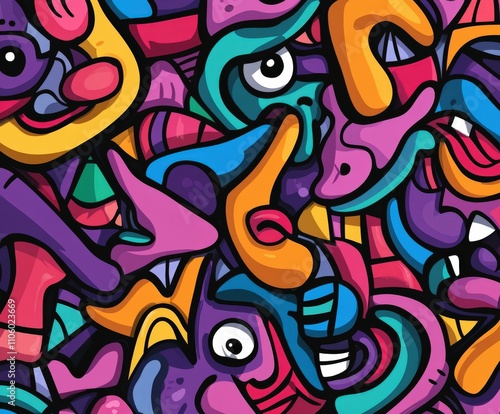 Colorful abstract artwork filled with playful shapes and faces