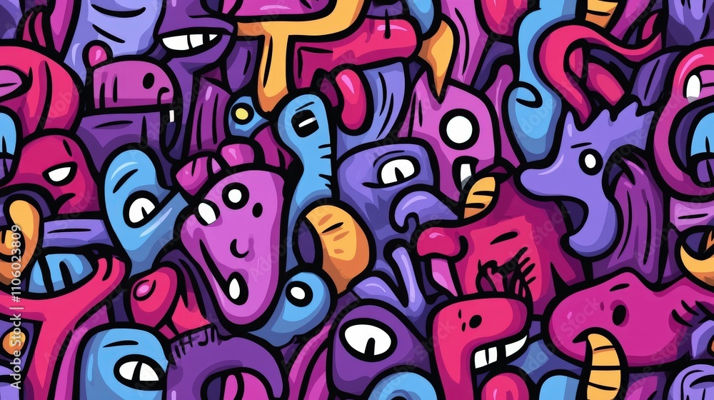 Colorful abstract art featuring various imaginative creatures Colorful abstract art featuring various imaginative creatures