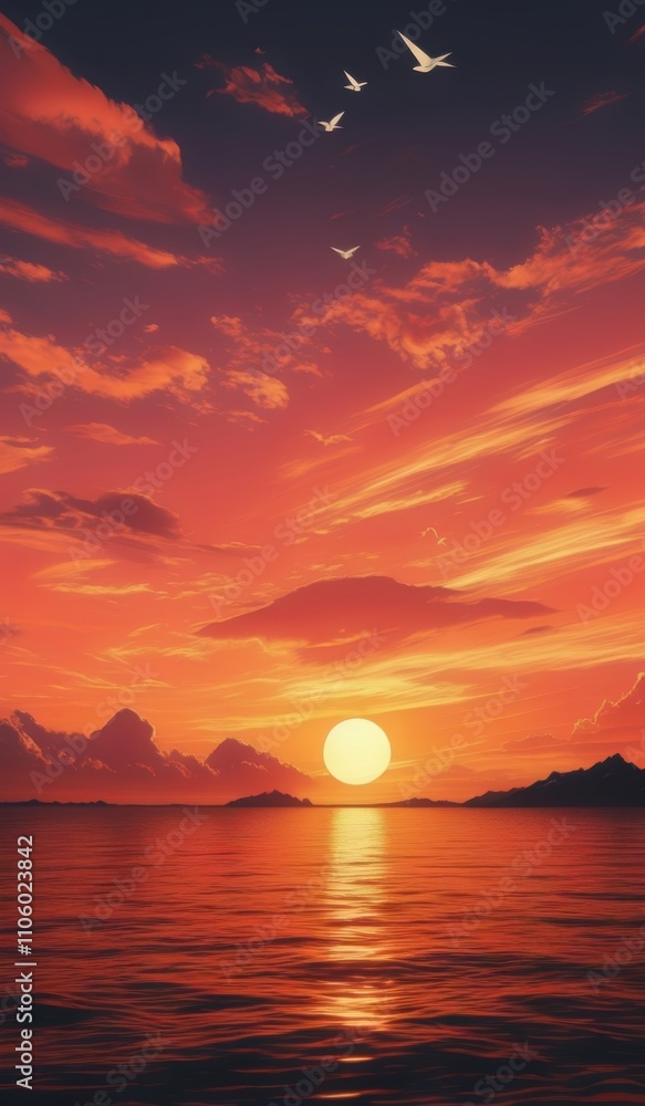 sunset over the ocean with birds flying in the sky sunset over the ocean with birds flying in the sky