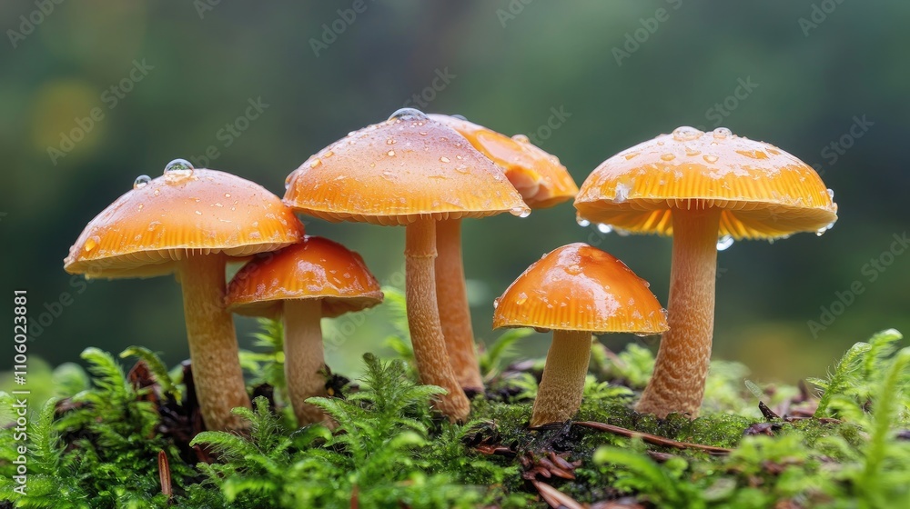 A serene forest scene where wild mushrooms are thriving after a rain, with droplets of water glistening on their caps, highlighting their natural beauty A serene forest scene where wild mushrooms are thriving after a rain, with droplets of water glistening on their caps, highlighting their natural beauty