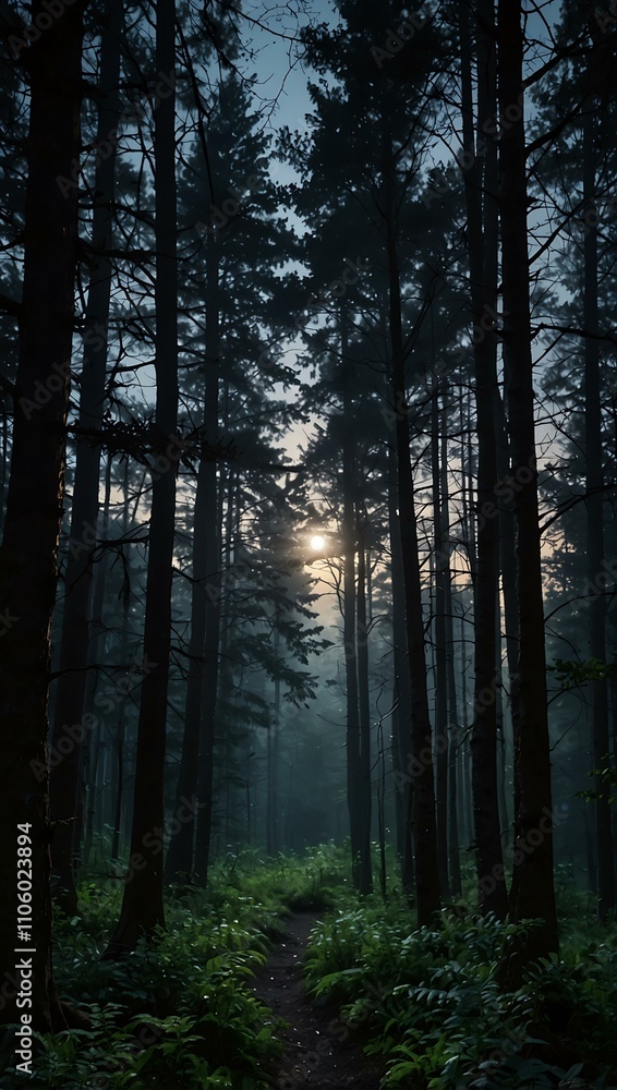 Ethereal and serene moonlit forest at twilight. Ethereal and serene moonlit forest at twilight.