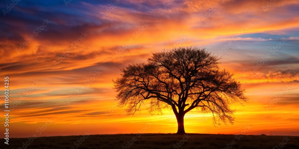 Fiery Sunset Silhouette Lone Tree at Golden Hour Fiery Sunset Silhouette Lone Tree at Golden Hour