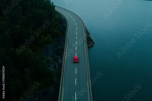 Aerial view of bridge road with red car over blue water lake and green woods