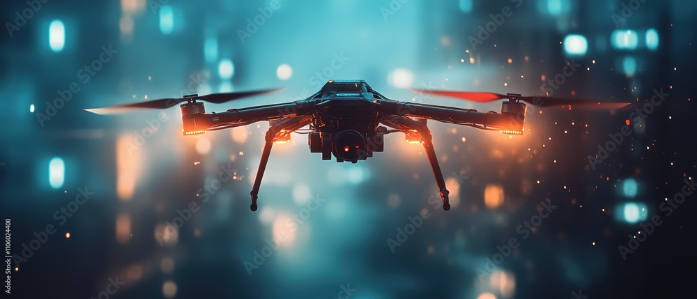 Drone flying through a futuristic cityscape during twilight showcasing vibrant lights and dynamic technology Drone flying through a futuristic cityscape during twilight showcasing vibrant lights and dynamic technology