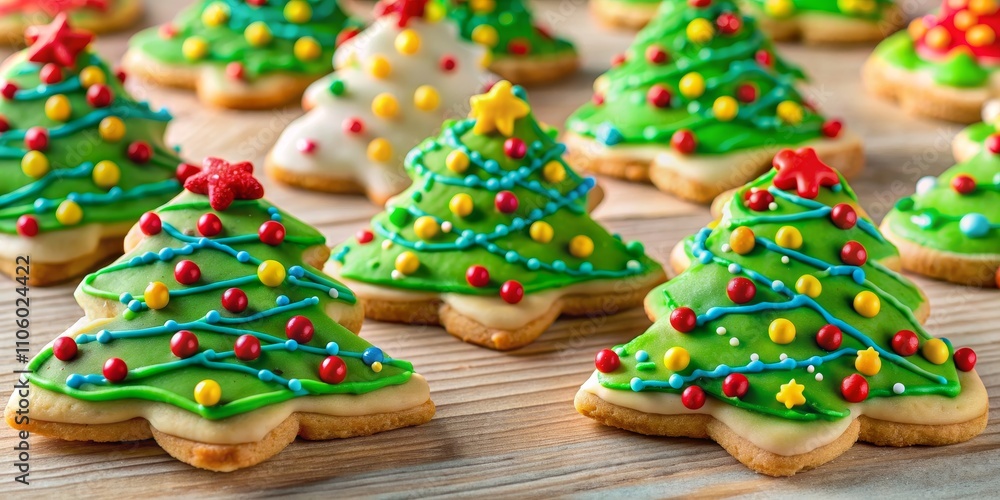 Festive Christmas Tree Cookies Close-up of Decorated Sugar Cookies on Wood Festive Christmas Tree Cookies Close-up of Decorated Sugar Cookies on Wood