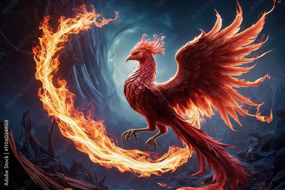 Fototapeta premium Captivating Digital Art of a Phoenix Wrapped in Flames in a Fantasy Landscape